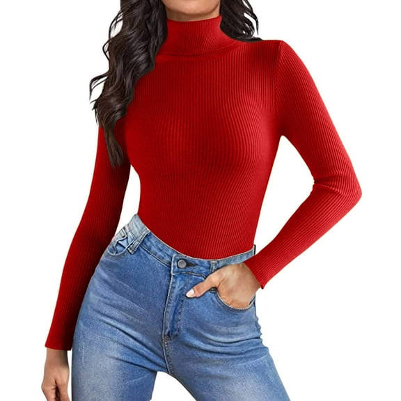 TrdSipl Womens Turtleneck Sweaters Casual Long Sleeve Pullover Sweater Winter Mock Neck Knitted T-Shirt Warm Slim Fitted Basic Tops Red L