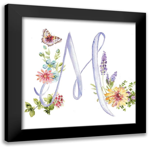 Tre Sorelle Studios 12x12 Black Modern Framed Museum Art Print Titled - Watercolor Herb Blossom Monogram M