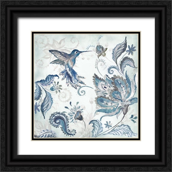 Tre Sorelle Studios 12x12 Black Ornate Wood Framed with Double Matting Museum Art Print Titled - Watercolor Boho Blue Hummingbird I