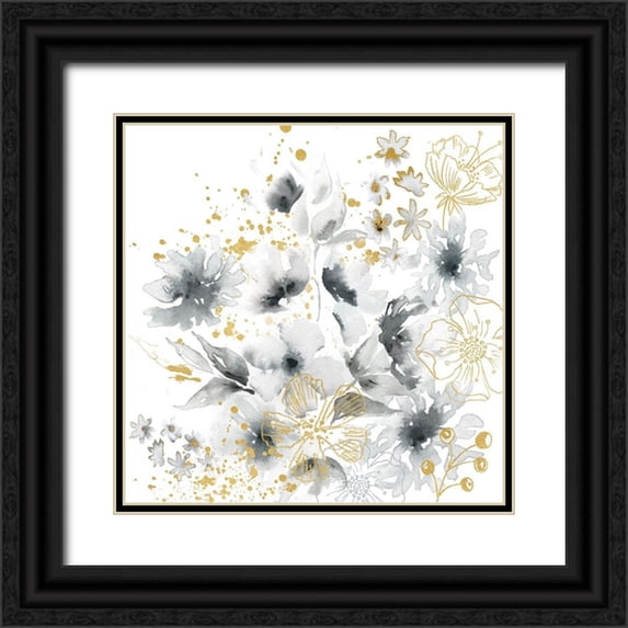 Tre Sorelle Studios 12x12 Black Ornate Wood Framed with Double Matting Museum Art Print Titled - Watercolor Gray and Gold Floral