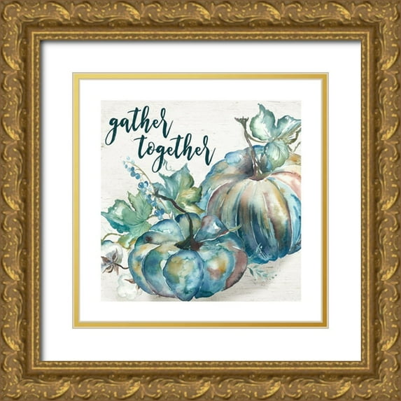 Tre Sorelle Studios 12x12 Gold Ornate Wood Framed with Double Matting Museum Art Print Titled - Blue Watercolor Harvest Square Gather Together