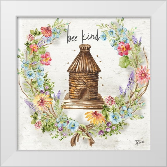 Tre Sorelle Studios 12x12 White Modern Wood Framed Museum Art Print Titled - Honey Bee and Herb Blossom Wreath III