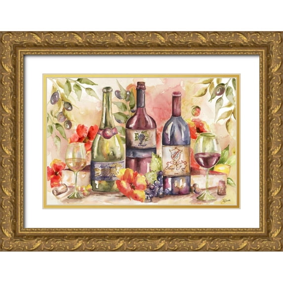 Tre Sorelle Studios 14x11 Gold Ornate Wood Framed with Double Matting Museum Art Print Titled - Watercolor Wine and Poppies Landscape