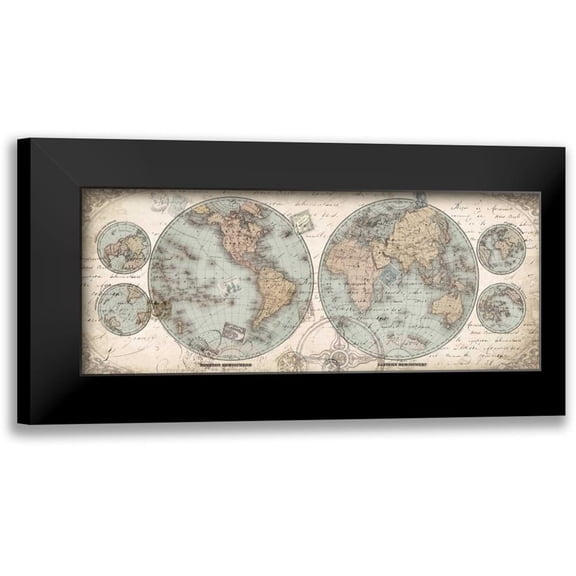 Tre Sorelle Studios 14x8 Black Modern Framed Museum Art Print Titled - World Hemispheres Panel