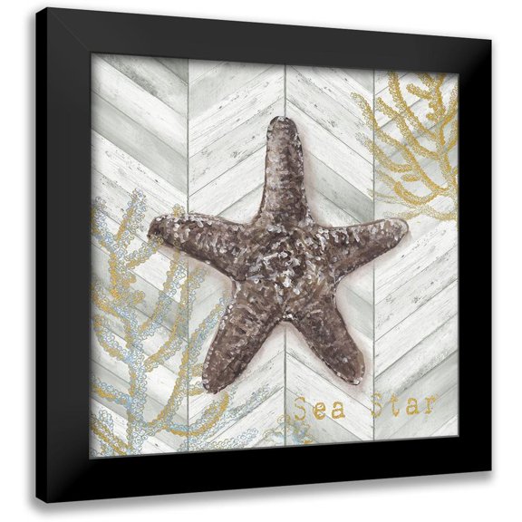 Tre Sorelle Studios 15x15 Black Modern Framed Museum Art Print Titled - Gray Gold Chevron Star Fish