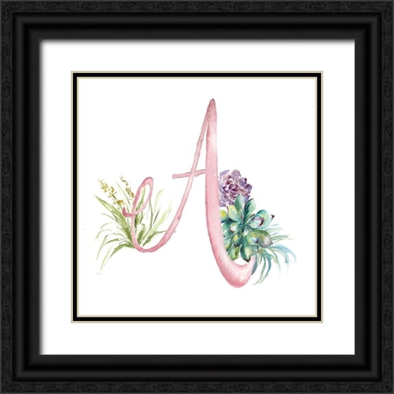 Tre Sorelle Studios 15x15 Black Ornate Wood Framed with Double Matting Museum Art Print Titled - Watercolor Succulent Monogram A