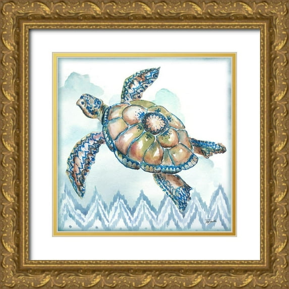Tre Sorelle Studios 15x15 Gold Ornate Wood Framed with Double Matting Museum Art Print Titled - Boho Shells I-Sea Turtle