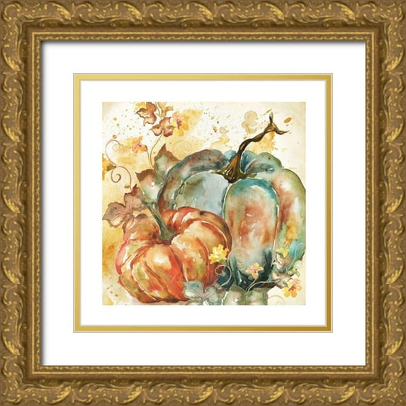 Tre Sorelle Studios 15x15 Gold Ornate Wood Framed with Double Matting Museum Art Print Titled - Watercolor Harvest Teal and Orange Pumpkins II