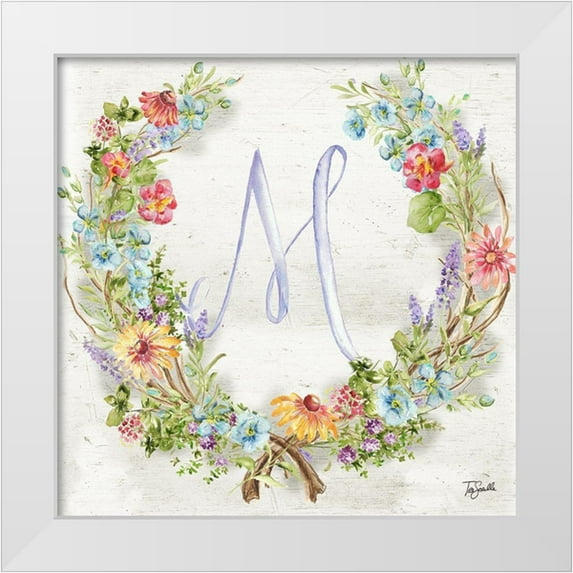 Tre Sorelle Studios 15x15 White Modern Wood Framed Museum Art Print Titled - Herb Blossom Wreath Monogram M