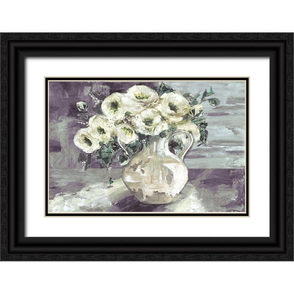 Tre Sorelle Studios 18x13 Black Ornate Wood Framed with Double Matting Museum Art Print Titled - White Flowers in Pottery Pitcher