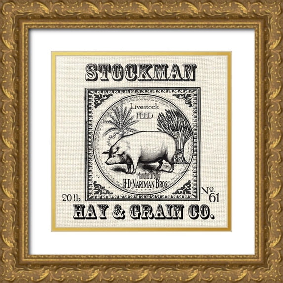 Tre Sorelle Studios 20x20 Gold Ornate Wood Framed with Double Matting Museum Art Print Titled - Farmhouse Grain Sack Label Pig