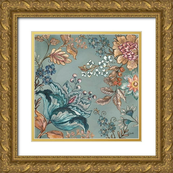 Tre Sorelle Studios 20x20 Gold Ornate Wood Framed with Double Matting Museum Art Print Titled - Garden Vines II on Teal