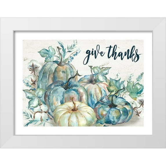 Tre Sorelle Studios 24x19 White Modern Wood Framed Museum Art Print Titled - Blue Watercolor Harvest Pumpkin Landscape Give Thanks