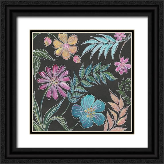 Tre Sorelle Studios 26x26 Black Ornate Wood Framed with Double Matting Museum Art Print Titled - Boho Florals on Black I