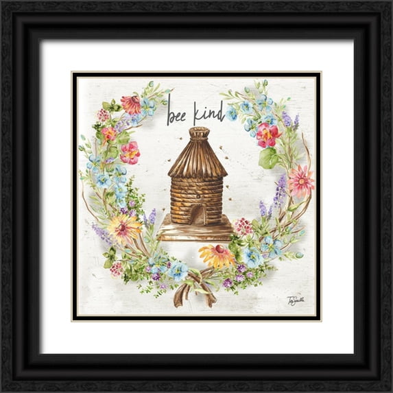 Tre Sorelle Studios 26x26 Black Ornate Wood Framed with Double Matting Museum Art Print Titled - Honey Bee and Herb Blossom Wreath III