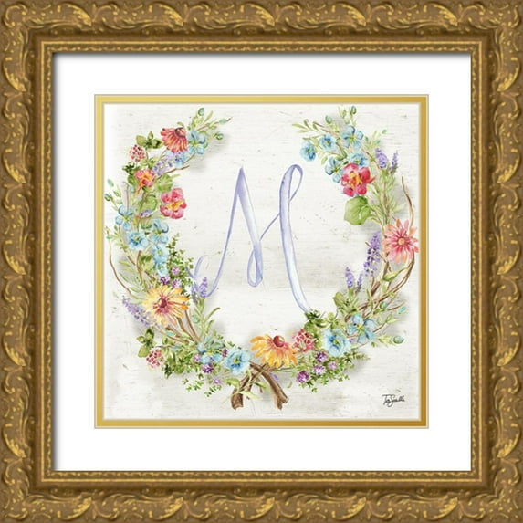 Tre Sorelle Studios 26x26 Gold Ornate Wood Framed with Double Matting Museum Art Print Titled - Herb Blossom Wreath Monogram M