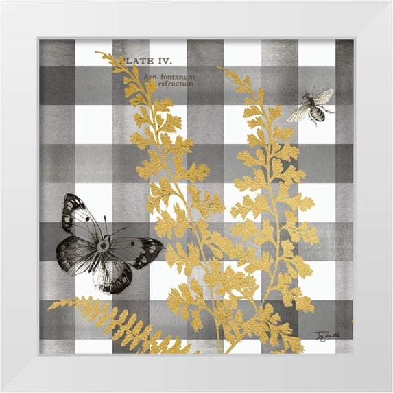 Tre Sorelle Studios 26x26 White Modern Wood Framed Museum Art Print Titled - Buffalo Check Ferns and Butterflies Neutral II