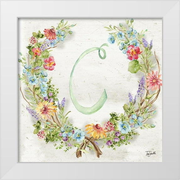 Tre Sorelle Studios 26x26 White Modern Wood Framed Museum Art Print Titled - Herb Blossom Wreath Monogram C