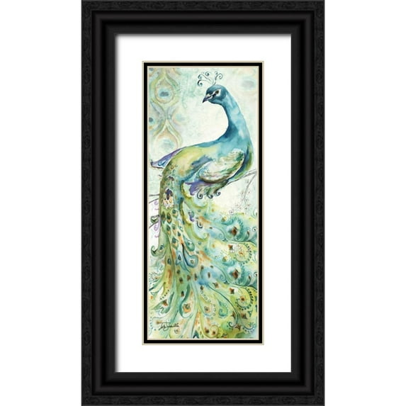 Tre Sorelle Studios 8x14 Black Ornate Wood Framed with Double Matting Museum Art Print Titled - Bohemian Peacocks Panel I