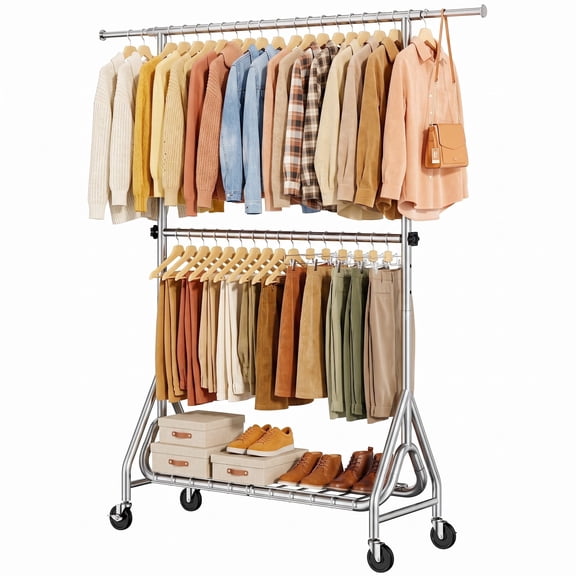 TreGazze 2-Shelf Adjustable Clothes Rack on Wheels, Portable Rolling Clothing Rack with Shelves, up to 560 lbs, Silver