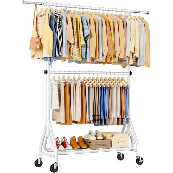 TreGazze  2 Tier  Heavy Duty Clothes Rack on Wheels, Portable Rolling Clothing Rack with Shelves for Hanging Clothes, up to 560 lbs, White
