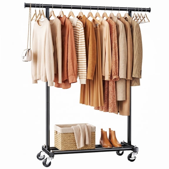 TreGazze Adjustable Rolling Clothes Rack with Wheels, Garment Clothing Rack for Hanging Clothes and Shoes, Black