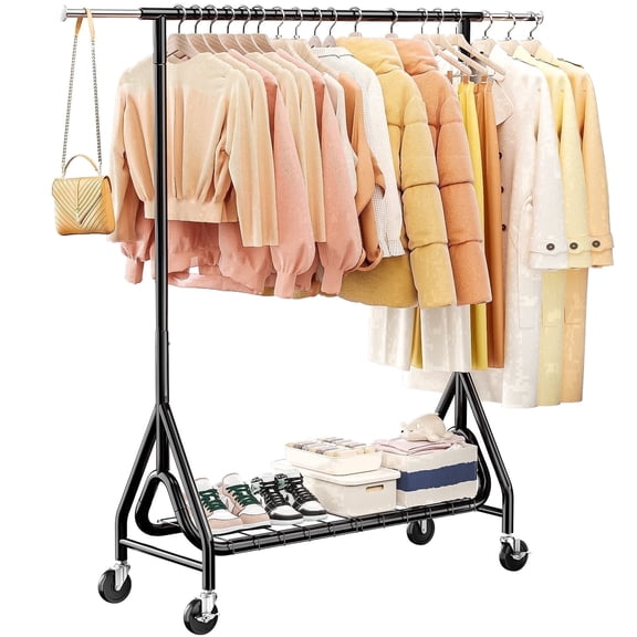 TreGazze Heavy Duty Clothes Rack on Wheels with Shelves, Rolling Clothing Rack for Hanging Clothes, up to 450 lbs, Black