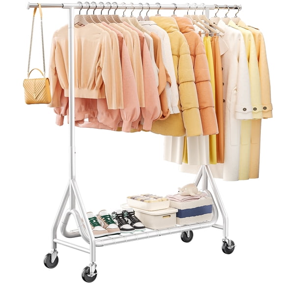 TreGazze Heavy Duty Clothes Rack on Wheels with Shelves, Rolling Clothing Rack up to 450 lbs, White