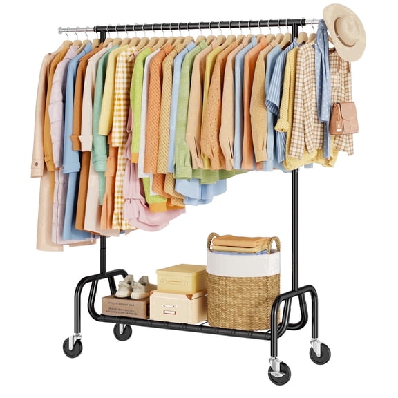 TreGazze Heavy Duty Clothing Rack with Shelves , Rolling Clothes Rack for Hanging Clothes, Supporting up to 450 lbs, Black