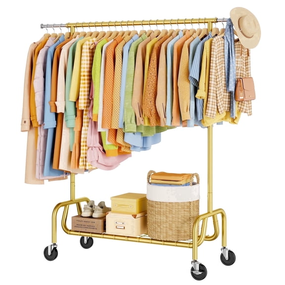 TreGazze Heavy Duty Clothing Rack with Shelves, Rolling Clothes Rack for Hanging Clothes, Supporting up to 450 lbs, Glod