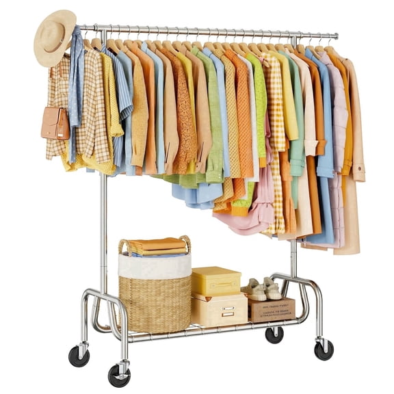 TreGazze Heavy Duty Clothing Rack with Shelves , Adjustable Rolling Clothes Rack for Hanging Clothes, 450 lbs Capacity, Silver