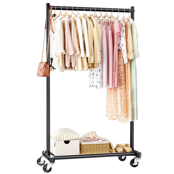 TreGazze Rolling Clothes Rack with Wheels, Portable Metal Clothing Rack for Hanging Clothes and Shoes,Black