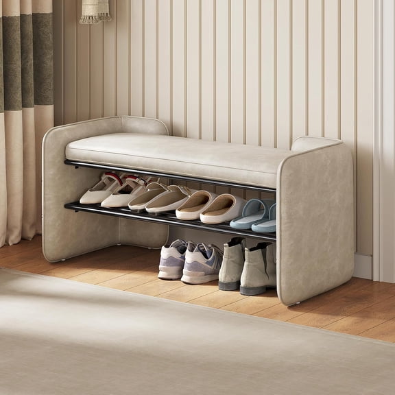 TreLined Modern 2-in-1 Upholstered Entryway Shoe  & Shoes Changing Stool, 47" Shoe Rack with Shelf with 2 Tier Storage Space for End of Bed, Entryway, Bedroom, Living Room, Beige