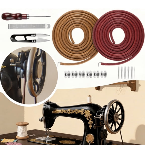 Treadle Sewing Machine Belt for Singer/Jones, 2 Pack 71" 3/16" Leather Belt with Hook for Treadle Sewing Machine, 23PCS Accessories Included