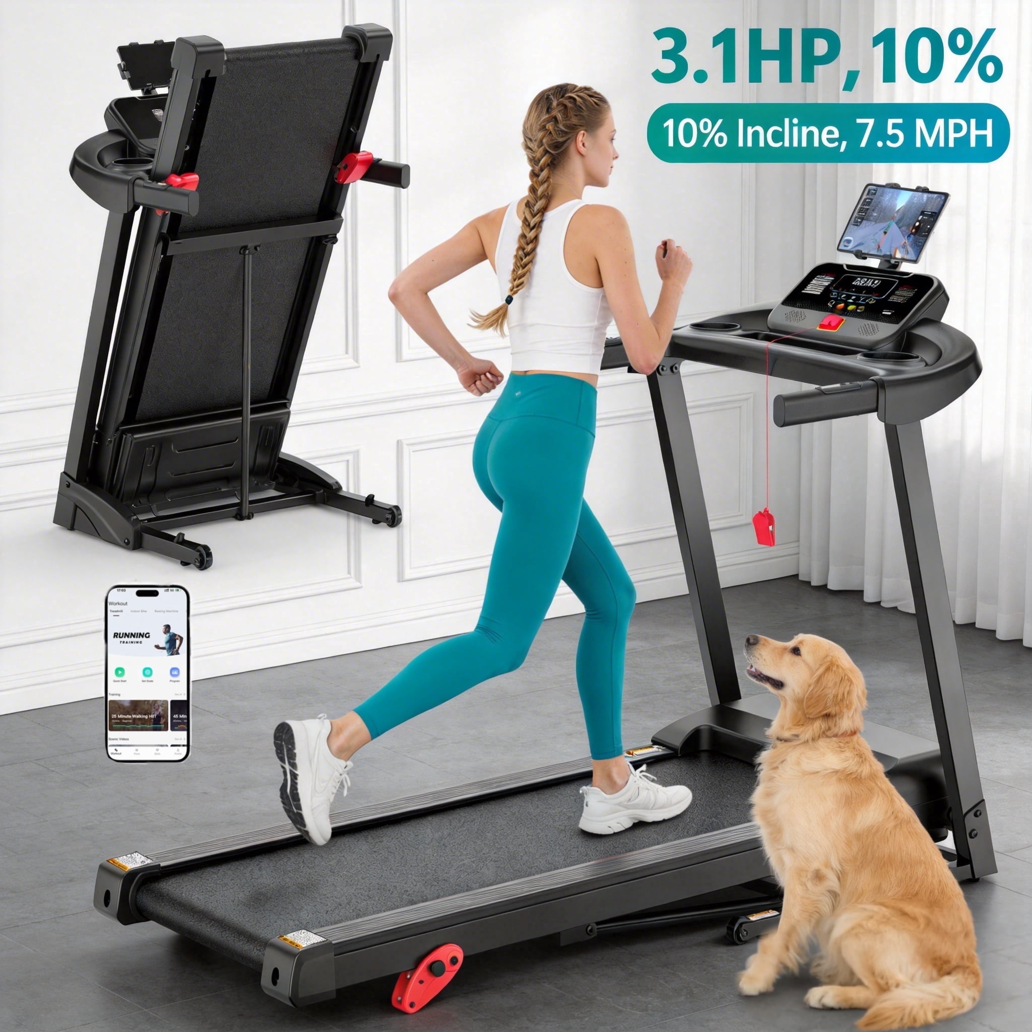 Treadmill with 10% Incline, Portable Treadmills for Home and Office, Foldable Treadmill with Handles, 3.1HP Quiet treadmill for small space,300 LBS Weight Capacity, walking running exercise treadmill