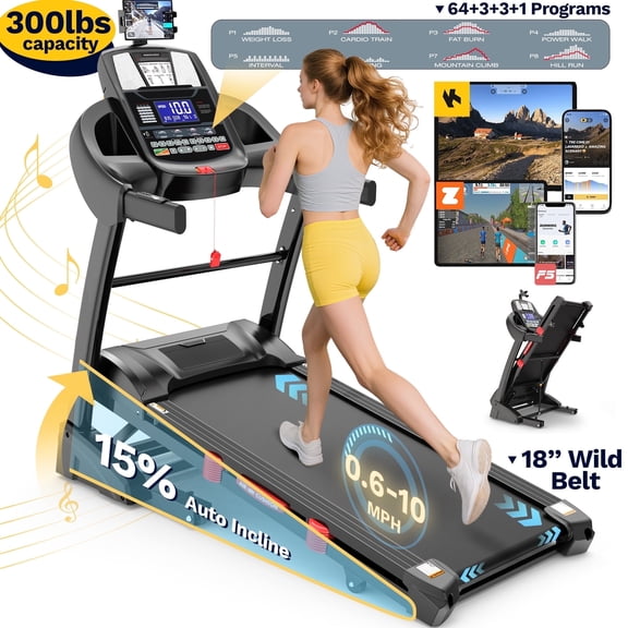 Treadmill with 15% Incline 300 lbs Capacity, 4.7HP Folding Treadmill for Home, Wild Shock Absorption Belt Treadmill, 0.6-10MPH, APP Control, 64+3+3+1 Program