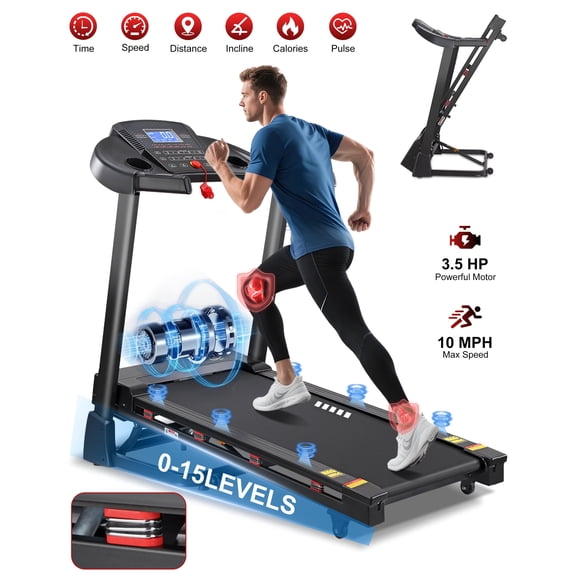 Treadmill with 15-Level Auto Incline, 47"x18" Wide Running Belt, 10 MPH, 3.5 HP Brushless Incline Treadmill for Home, 350 LB Capacity, Shock Absorption, Bluetooth Speaker & App
