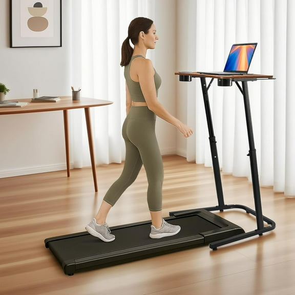 Treadmill Desk, Small Standing Desk for Walking Pad, 30-47 Inch Adjustable Height Walking Pad Stand for Treadmill, Portable Standing Table for Bike and Home Office Work - Brown