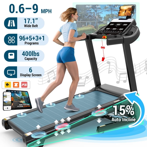 Treadmill for Home with 15% Auto Incline, 4HP Folding Treadmill 300-400lbs Capacity, 6 LCD Display, 96+5+3+1 Programs, APP & Bluetooth, 0.6-9MPH