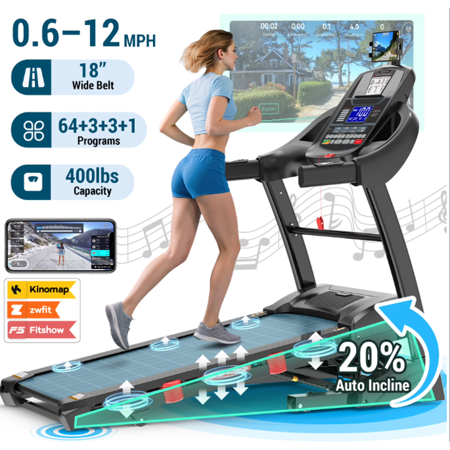 Treadmill for Home with 20% Auto Incline, 5.0HP Folding Treadmill 400lbs Capacity, LCD Display, 64+3+3+1 Programs, APP & Bluetooth, 0.6-12MPH
