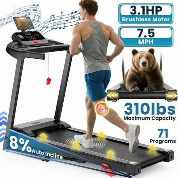 Treadmill 310LBS Capacity for Home, 3.1HP Folding Treadmill , Treadmill with 8% Incline, 7.5MPH, 71 Preset Programs, Shock Absorption, APP Control
