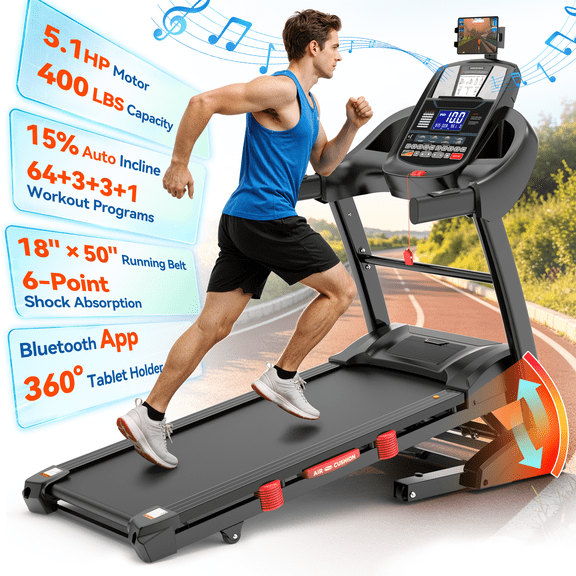 Treadmill for Home - 20% Auto Incline, 12 MPH, 300-400 Lbs Capacity, 50"x18" Running Surface. LED Display Shows Speed, Incline, Time, Distance and Calories.