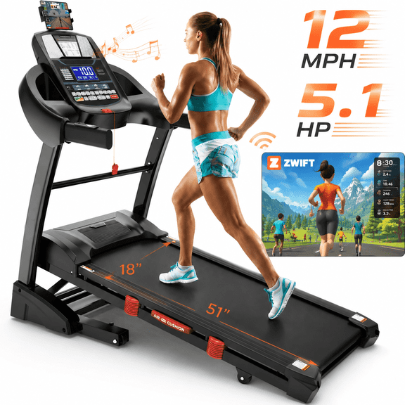 20% Auto Incline Treadmill for Home -12MPH Max Speed, Large LED Touchscreen, Treadmill 300LBS Capacity, Bluetooth Speaker, 5.1HP Home Office Treadmills for Running Jogging Walking