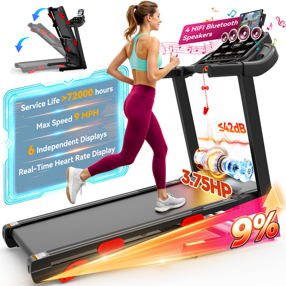 Folding Treadmill with Incline, 3.75HP Brushless Motor, Treadmill 300 lb Capacity, Bluetooth App Connectivity,Compact Treadmill for Home Walking, Jogging, Exercise equipment,Free Course