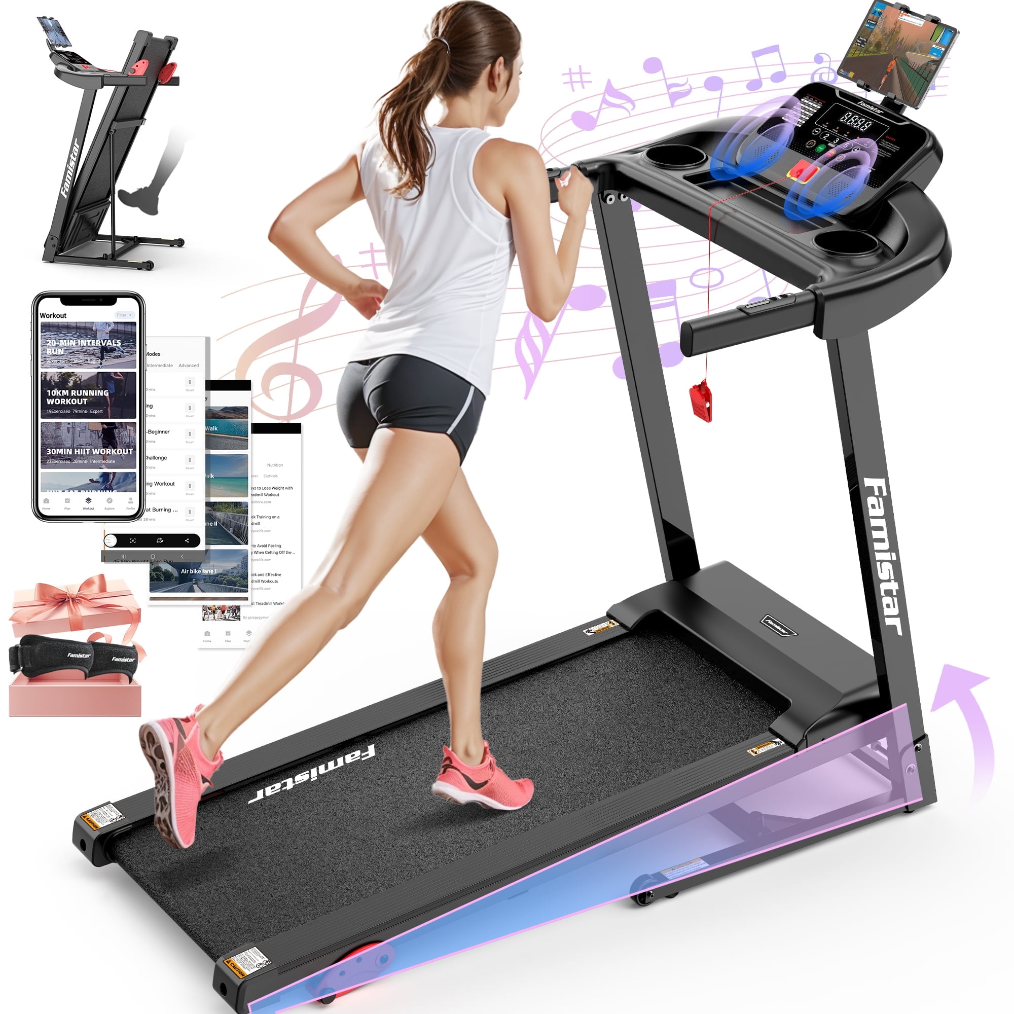 Treadmill for Home, Portable Folding Electric Exercise Treadmill with Adjustable Incline, APP Control, 64 Programs, 300 lb Capacity, 7.5MPH, Bluetooth Speakers, Running Walking Jogging, 12/23 Update