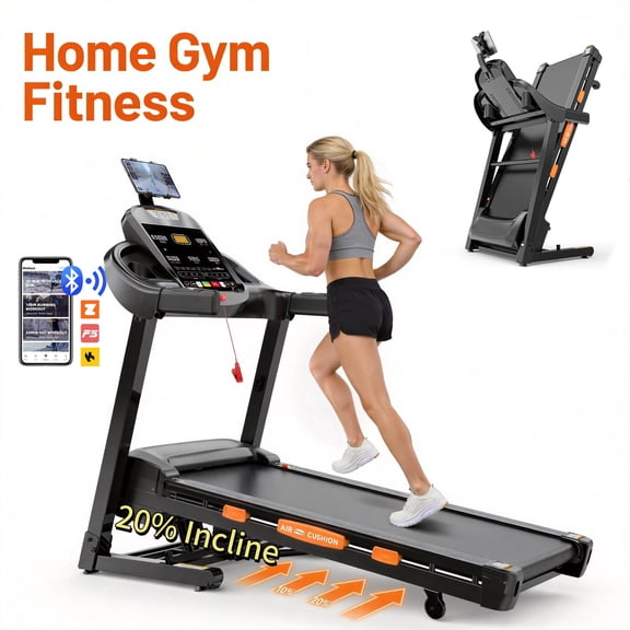 Treadmill with Incline & Handle Bars | Compact Portable Walking Running & Treadmill for Home/Apartment | Wide Running Belt | Includes Workout Trainer Program with Bluetooth App