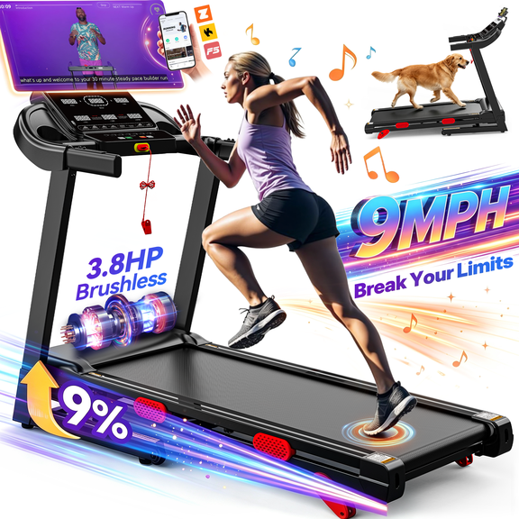 Foldable Electric Treadmill for Home, 3.8 HP Brushless Portable Running Walking Pad Exercise Machine with Incline, 300 lbs Capacity, App Sync, Heart Rate Monitoring, 17" Wide Running Belt