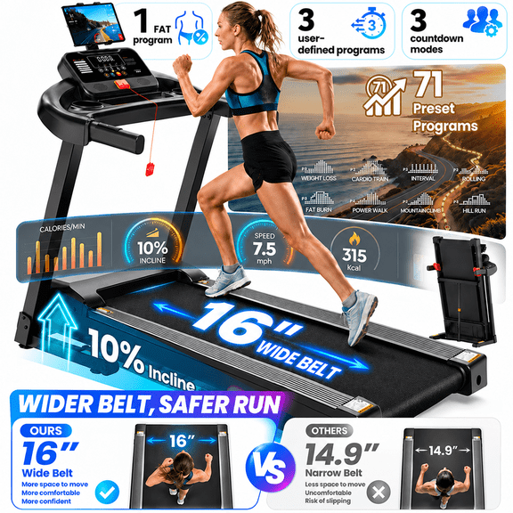 3.65 HP Foldable Treadmill for Home, Electric Running & Walking Exercise Equipment with 10% Incline, Treadmill 300 lb Capacity, App Sync Technology, Heart Rate Sensor, 16" Wide Belt