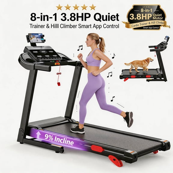 Foldable Electric Treadmill for Home, 3.8 HP Brushless Portable Running Machine with Incline, 300 lbs Capacity, App Sync, Heart Rate Monitoring, Wide Running Belt