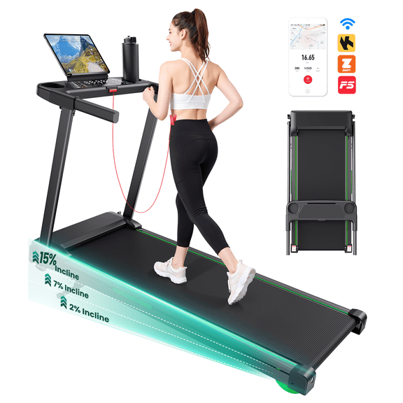 Treadmill, with 3-Level Manual Incline, 8.8 MPH Smart Running Treadmill, 3.5HP Quiet Brushless Motor, 300lb Capacity, 12 Preset Programs, Compact Treadmill for Home and Apartments, Green